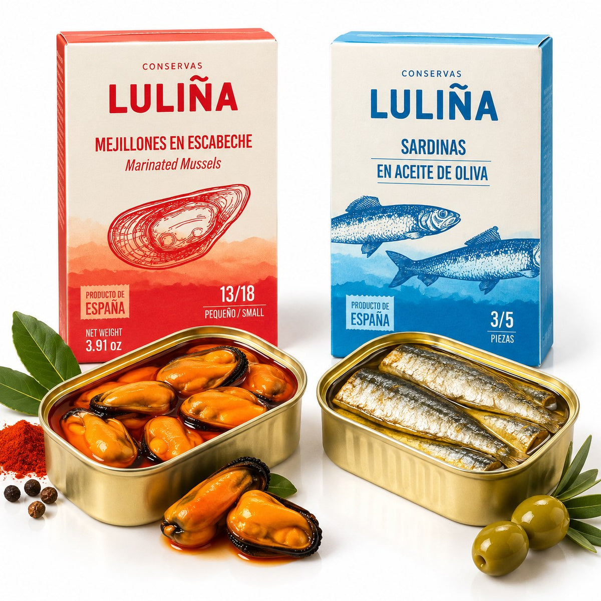 Mejillones en escabeche y sardinas en aceite de oliva Luliña